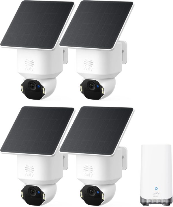 eufy Security SoloCam E42 4-Cam Kit (HomeBase S380), 4K Security Camera Wireless Outdoor, Solar Powered, AI Motion Tracking, Strobe Light, Pan & Tilt, Facial Recognition, Local Storage Up to 16 TB