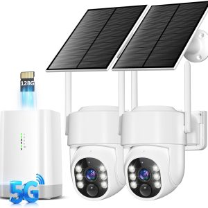 Security Cameras Wireless Outdoor 5G& 2.4G, No Subscription, 2 Cam-Kit,4MP Solar Powered Home Security Cameras System With 360°PTZ,128GB Local Storage,Color Night Vision WiFi Cameras for Home Security