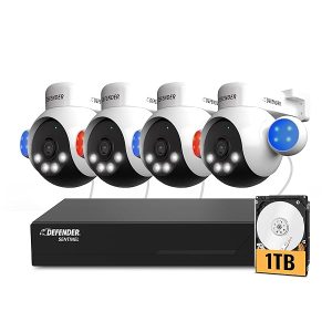 AI Powered Defender Sentinel 4K PTZ Wired Security Camera System with PTZ Cameras, NVR, 360° AI Tracking, Smart Human Detection, Blue-Red Flashing Light, Color Night Vision, No Monthly Fees
