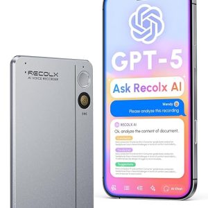 RECOLX AI Voice Recorder, App Control, Transcribe & Summarize with 71 Pro Templates, Deep AI Analysis, Record Anytime Anywhere for Meetings, Work, Lectures, 112 Languages,Grey